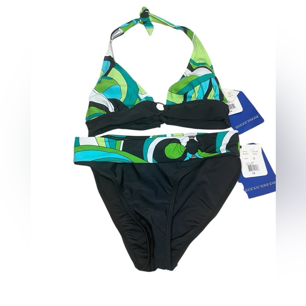 Ocean Coast Black Blue Green Bikini Swimsuit Top 14 Bottoms 12 Beach Pool Vacay